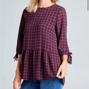 Eggplant Smocked Grid Blouse